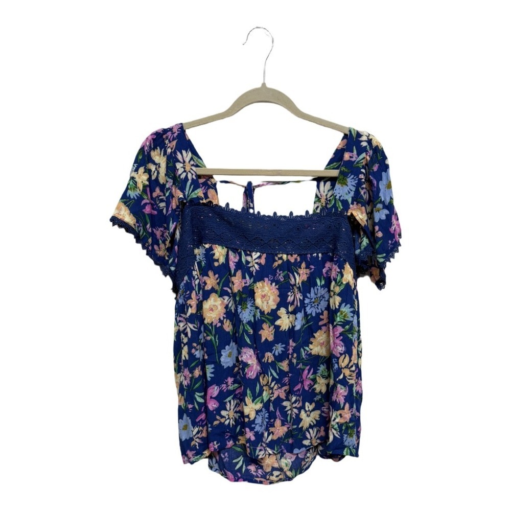 Blue floral square neck blouse Embroidered Neckline Open Back NWT Large Andree